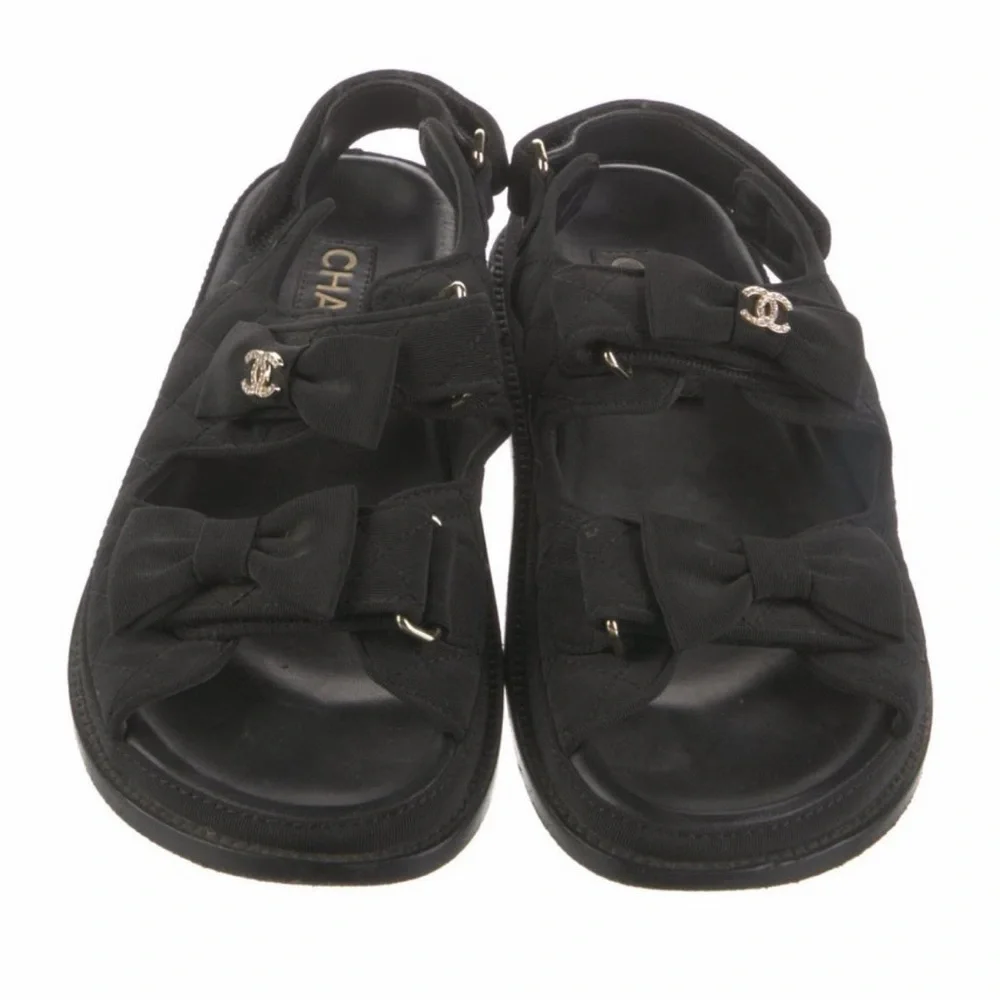 Chanel Interlocking CC Logo Black Quilted Grosgrain Dad Sandals - Picture 3 of 5